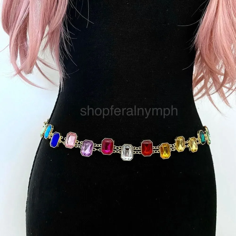 Gold Y2K Rainbow Jewel Waist Chain Belt, Fits 18-37 Inches, X7GA1292